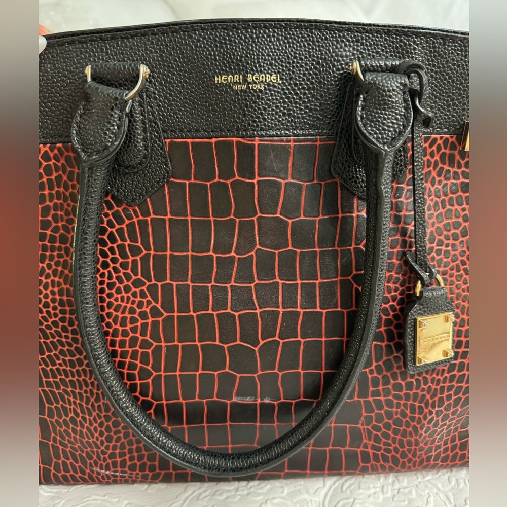 Henri Bendel Red Black Crocodile Print Leather Handbag - Picture 9 of 11